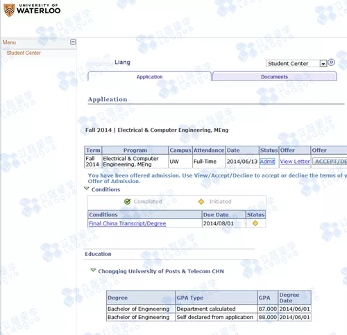 梁同学                                                                                                                    本科学校：重庆邮电大学                                                                                   专业：电子科学与技术                                                                                   录取院校：滑铁卢大学，卡耐基梅隆大学